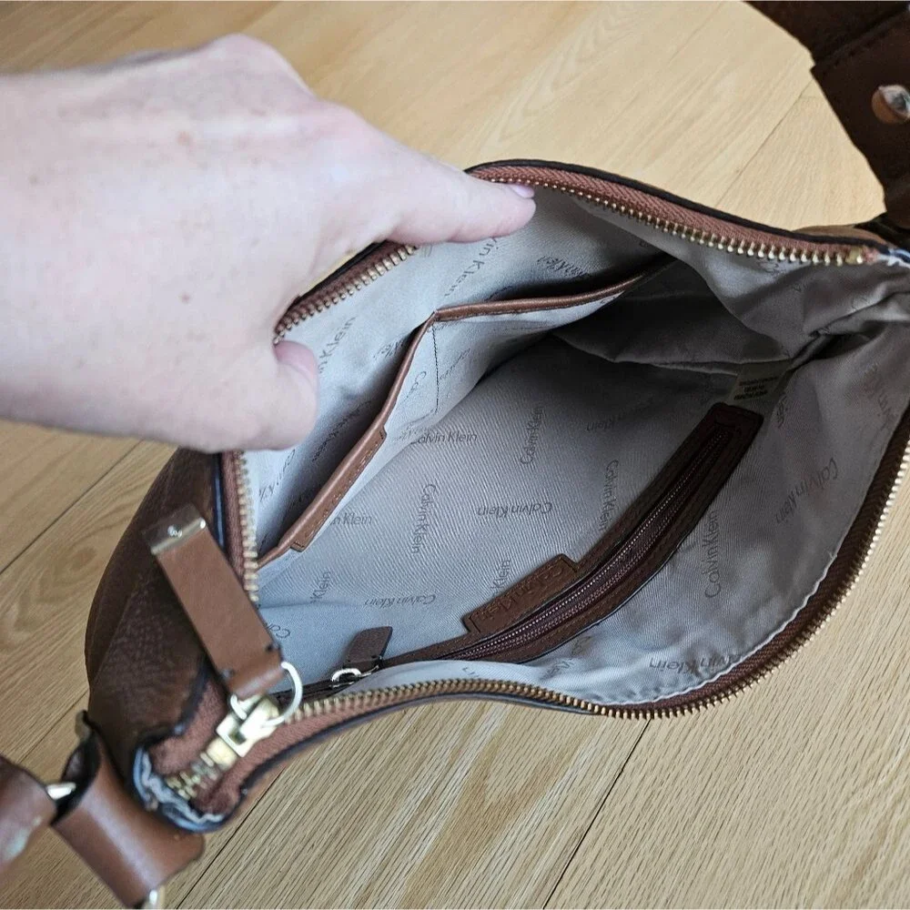 Calvin Klein‎ Brown Pebbled Leather Padlock Hobo Small Shoulder Tote Bag
